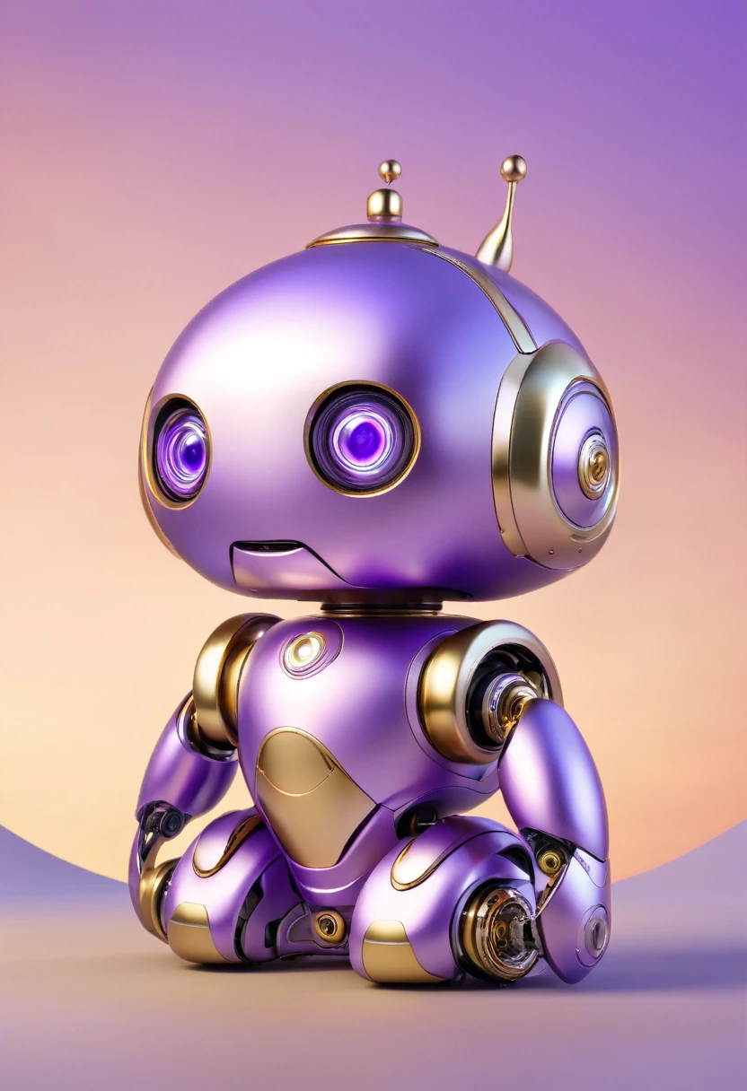 A tender and affectionate Bimo-style robot, featuring a soft purple exterior and a shiny golden metallic finish. The robot's design is intricate, with delicate lines and curves that give it a gentle, friendly appearance. Its eyes are large and expressive, reflecting a warm and caring demeanor. The robot stands against a backdrop of a serene, pastel-toned sky, emanating a sense of comfort and love.