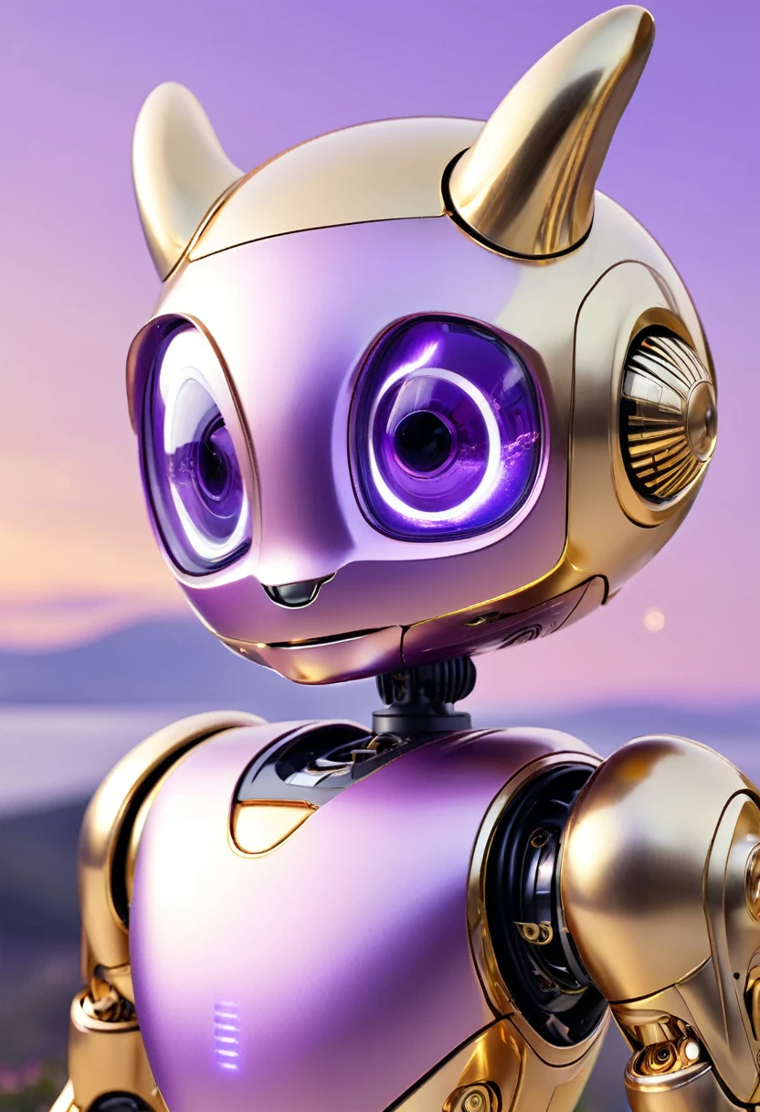 A tender and affectionate Bimo-style robot, featuring a soft purple exterior and a shiny golden metallic finish. The robot's design is intricate, with delicate lines and curves that give it a gentle, friendly appearance. Its eyes are large and expressive, reflecting a warm and caring demeanor. The robot stands against a backdrop of a serene, pastel-toned sky, emanating a sense of comfort and love.