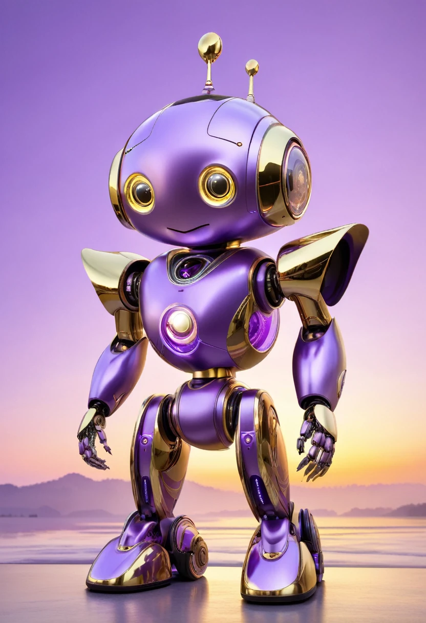 A tender and affectionate Bimo-style robot, featuring a soft purple exterior and a shiny golden metallic finish. The robot's design is intricate, with delicate lines and curves that give it a gentle, friendly appearance. Its eyes are large and expressive, reflecting a warm and caring demeanor. The robot stands against a backdrop of a serene, pastel-toned sky, emanating a sense of comfort and love.