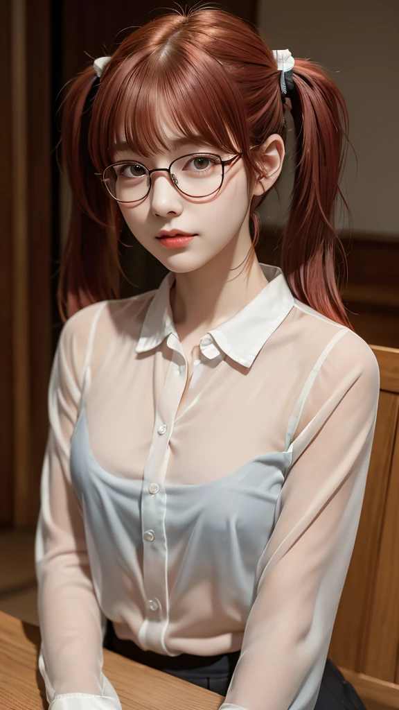 ((high quality)),Tabletop, RAW PHOTO, (Detailed depiction of the site:1.2), Beautiful girls, one girl, soft smile, (sheer shirt:1.3),Enchanted Valley, Mouth closed, Long eyelashes, look away, Portraiture, Upper Body, red hair, Gray Theme, (twin tails:1.4), short bangs, wire frame glasses,