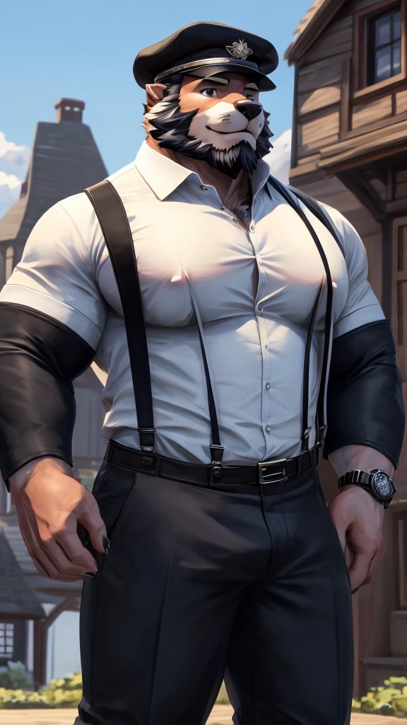 ((best quality)), ((masterpiece)), (Ultra detailed), ((4k)), solo , Furry, anthro, Sky Blue Fur ,Wearing Black Cap , Middle Ages , Shirt, 1boy , White shirt ,  Big Pecs , male focus , collared shirt , pants , suspenders , pectorals , sleeves rolled up, Black Coat , wristwatch , beard