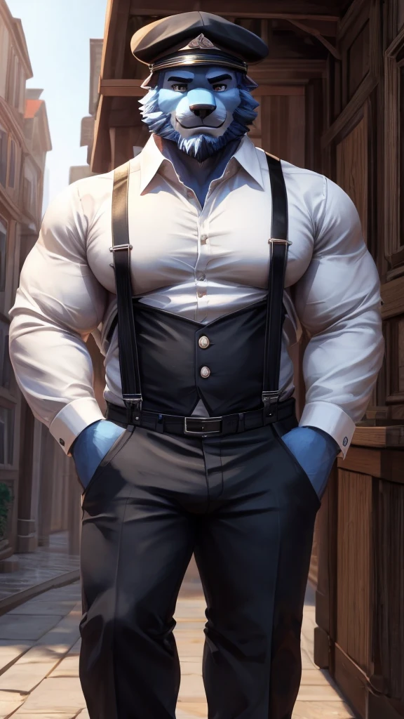 ((best quality)), ((masterpiece)), (Ultra detailed), ((4k)), solo , Furry, anthro, Sky Blue Fur ,Wearing Black Cap , Middle Ages , Shirt, 1boy , White shirt , Big Pecs , male focus , collared shirt , pants , suspenders , pectorals , sleeves rolled up, Black Coat , wristwatch , beard