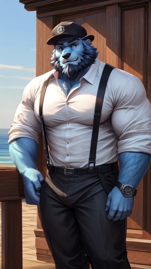 ((best quality)), ((masterpiece)), (Ultra detailed), ((4k)), solo , Furry, anthro, Sky Blue Fur ,Wearing Black Cap , Middle Ages , Shirt, 1boy , White shirt , Big Pecs , male focus , collared shirt , pants , suspenders , pectorals , sleeves rolled up, Black Coat , wristwatch , beard