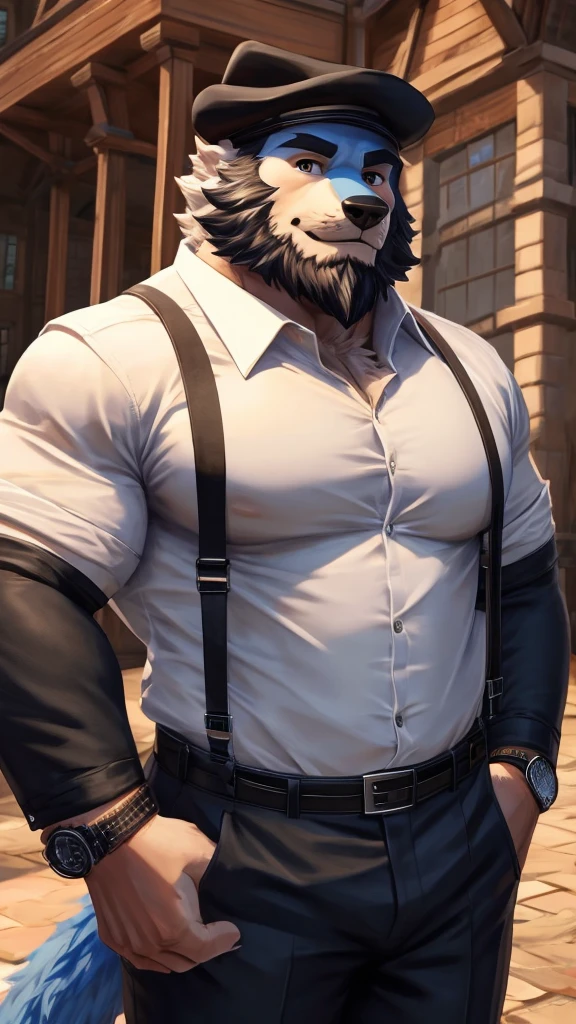 ((best quality)), ((masterpiece)), (Ultra detailed), ((4k)), solo , Furry, anthro, Sky Blue Fur ,Wearing Black Cap , Middle Ages , Shirt, 1boy , White shirt ,  Big Pecs , male focus , collared shirt , pants , suspenders , pectorals , sleeves rolled up, Black Coat , wristwatch , beard