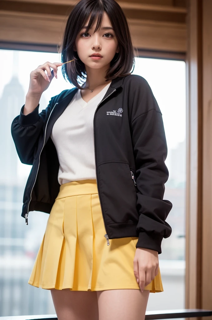 One girl, Exquisite detail, masterpiece, Highest quality, Very detailed,Cinema Lighting, Beautiful sparkle, Beautifully detailed face and eyes, 8K, Dark intense shadows, Yellow Eyes, Medium Hair, Black Hair, bangs, Floating Hair, Black jacket, Open jacket, White shirt, Expressionless, Yellow tie, Black Skirt, Spotlight, sunlight, sunrise, Gradient Sky, city, Lens flare, Cowboy Shot, [[Curvy]], [Mature Woman]