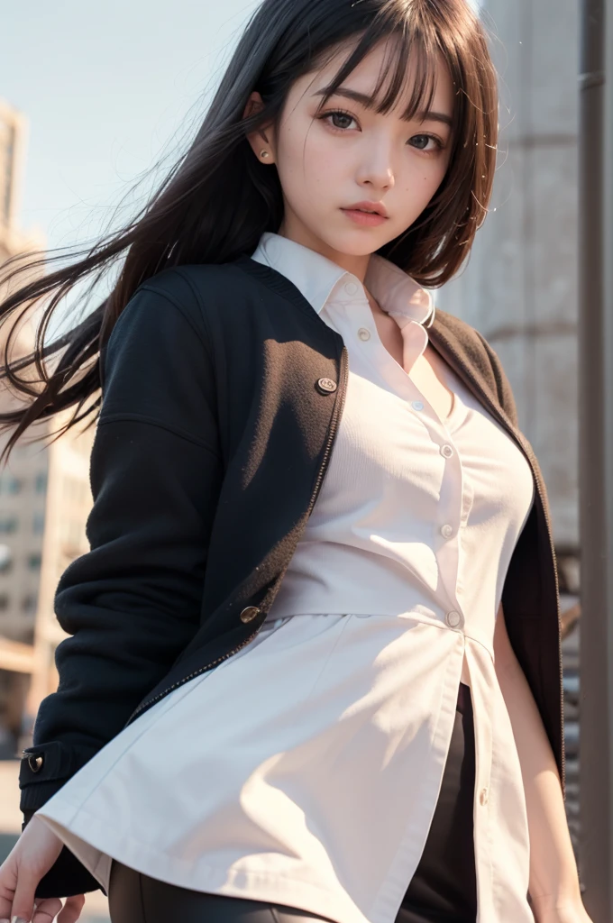 One girl, Exquisite detail, masterpiece, Highest quality, Very detailed,Cinema Lighting, Beautiful sparkle, Beautifully detailed face and eyes, 8K, Dark intense shadows, Yellow Eyes, Medium Hair, Black Hair, bangs, Floating Hair, Black jacket, Open jacket, White shirt, Expressionless, Yellow tie, Black Skirt, Spotlight, sunlight, sunrise, Gradient Sky, city, Lens flare, Cowboy Shot, [[Curvy]], [Mature Woman]