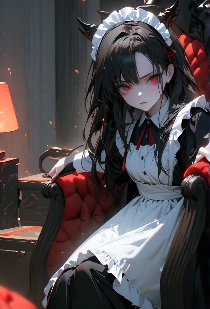 (alone), Black Hair, Messy Hair, Mane Hair, Long Hair, Thick Hair, Wild Hair, Expressive hair, mature,(Age 25), Pale skin, Red eyes, ((woman)), Maid,Maid headdress,View your viewers,apron, Black Dragon Horn,, Severe, Black wings, beautiful, Charm, Eye Reflexes, Depth of written boundary, Lightning aura,Cinema Lighting, Ray Tracing, Depth of written boundary, Cinema Lighting, Ray Tracing, 超High resolution, Attention to detail, 最high quality, High resolution, high quality, Awards, Super detailed, masterpiece, 8K, 超High resolution, Attention to detail, 最high quality, High resolution, high quality, Awards, Super detailed, masterpiece, 8K, Digital Art, Anime Coloring, whole body, Body Shot, Nice face, Perfect Face, Detailed face, Good Eyes, Sitting on the throne