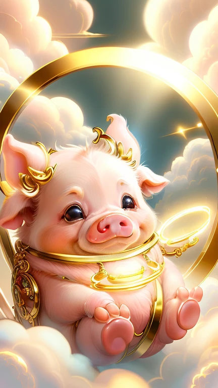 god々A cute pig、Aura of Gold,Looking into the camera、Look here、Background gold、Floating in the clouds