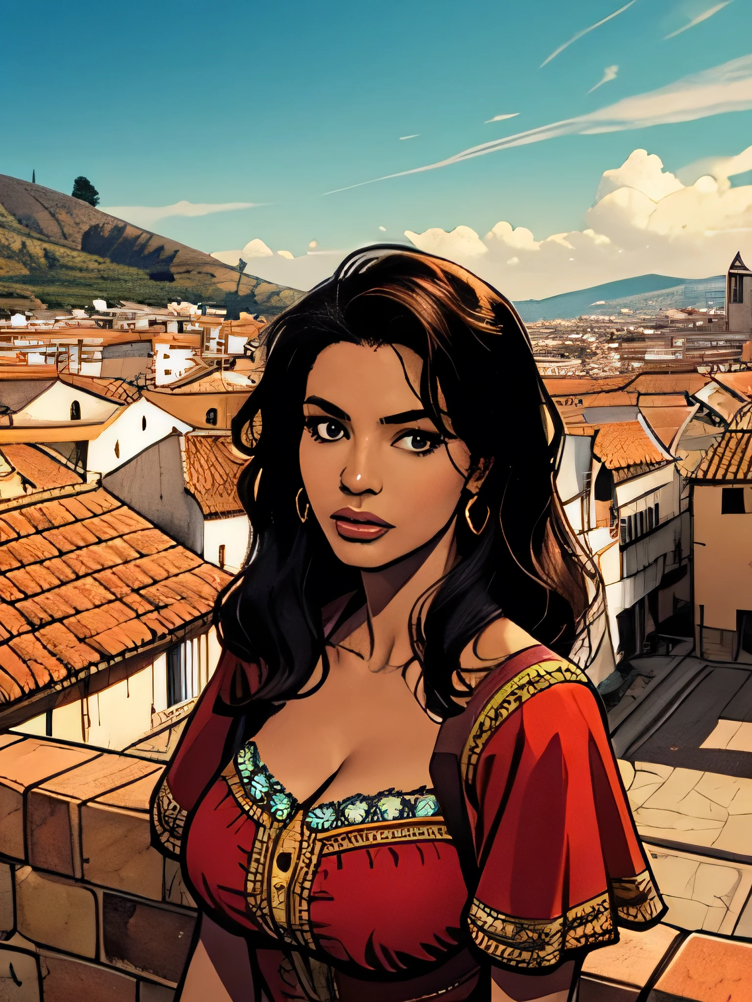 Andean-Spanish Creole woman and in the background a large Spanish town with roofs and large structures