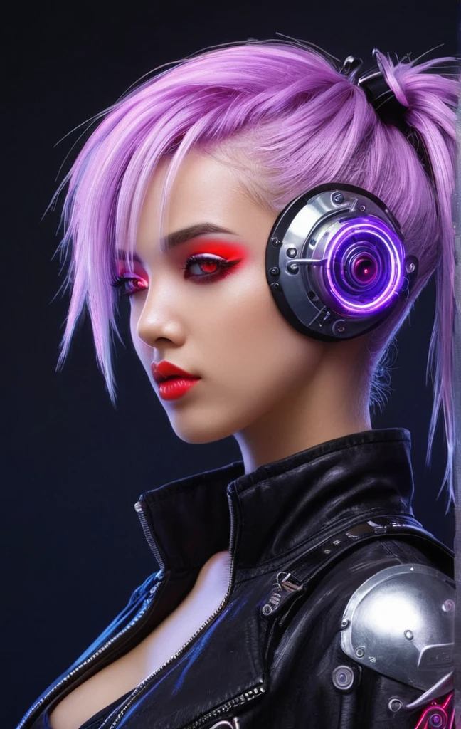 Girl with futuristic goggles and red eyes, digital cyber punkアニメアート, デジタルcyber punk - アニメアート, anime cyber punk art, cyber punkアニメアート, Cyborg - Silver Haired Girl, ダークcyber punkイラスト, cyber punkアニメの女の子, female cyber punkアニメの女の子, cyber punkをテーマにしたアート, cyber punkアニメの女の子 mech, cyber punkアートスタイル, cyber punk サイボーグ. Rose, advanced digital cyber punk art、hacking techniques, sf, cyber punk, Data Stream, (masterpiece, Highest quality, Realistic, Very detailed:1.2), (Purple glow:1.1), Pixelated, twist, Half Shot, (One girl), (Sparkling Eyes:0.8), Simple Background, Shadow, lipstick,The goggles have information written on them.。