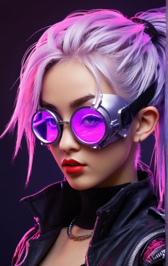 Girl with futuristic goggles and red eyes, digital cyber punkアニメアート, デジタルcyber punk - アニメアート, anime cyber punk art, cyber punkアニメアート, Cyborg - Silver Haired Girl, ダークcyber punkイラスト, cyber punkアニメの女の子, female cyber punkアニメの女の子, cyber punkをテーマにしたアート, cyber punkアニメの女の子 mech, cyber punkアートスタイル, cyber punk サイボーグ. Rose, advanced digital cyber punk art、hacking techniques, sf, cyber punk, Data Stream, (masterpiece, Highest quality, Realistic, Very detailed:1.2), (Purple glow:1.1), Pixelated, twist, Half Shot, (One girl), (Sparkling Eyes:0.8), Simple Background, Shadow, lipstick,The goggles have information written on them.。
