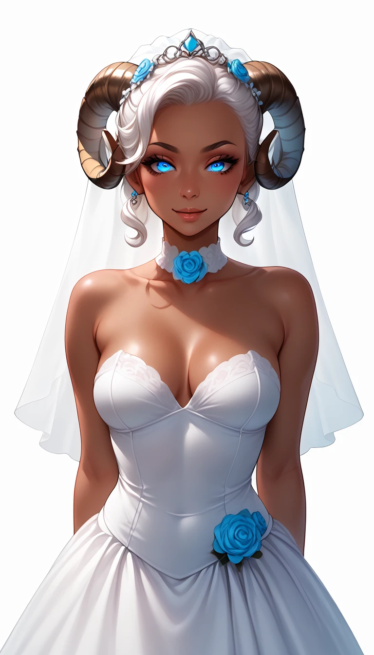 score_9, score_8_up, score_7_up, 1girl, solo,
curly hair, glowing blue eyes, curved ram horns, sheep ears, sheep tail, sheep fur, tanned skin, demoness, (sheep:1.2),
monochromatic, eerie atmosphere,
(wedding dress), seductive, stark white background