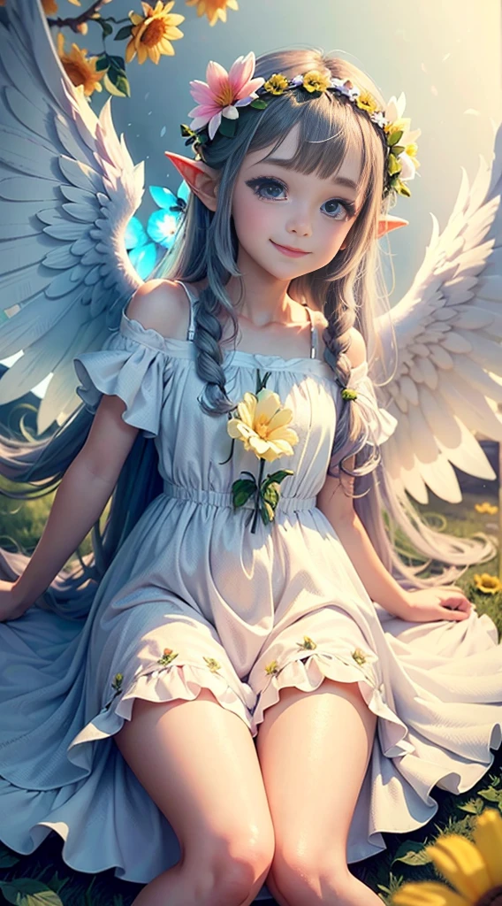cute little Flowe Angel ,Big gradient angel wings Big wings Angel wings Rainbow gradient long hair Pointed ears Flower crown Dress made of leaves Flower Sitting on a big flower Big flower Smiling gently Sparkling Sunshine Big flower