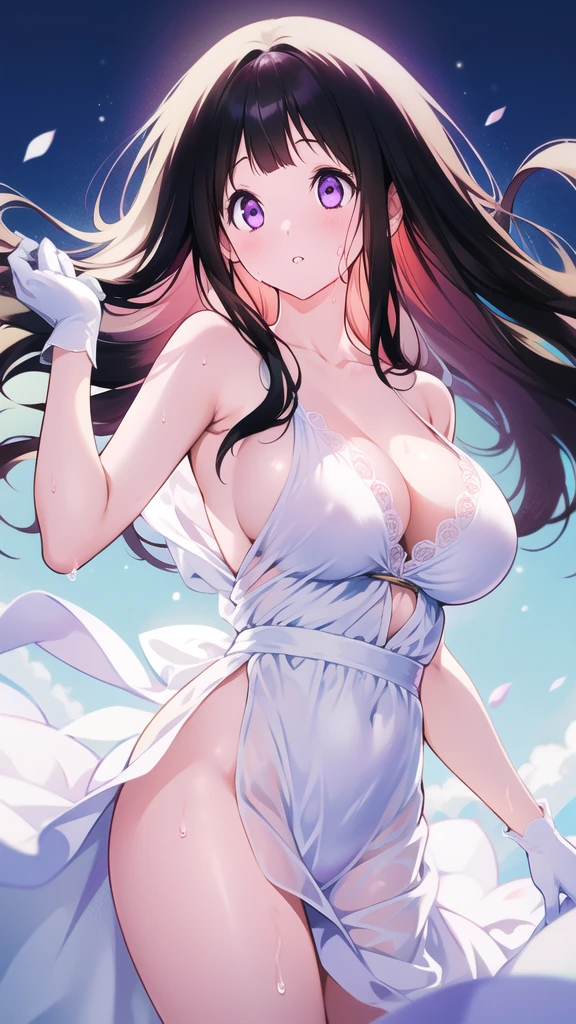 Amazing Chitanda, There is only one beautiful girl,Purple Eyes, Black Hair, Very red face,Very white skin,Glowing skin,Skin as delicate as porcelain,Naturally straight hair, Straight bangs,Extremely refined,Open lips,Long flowing hair,Beautiful Girl, Like a dream,Slim,Slim waist,Soft, (Sensual), (Kawaii), Dream quality,Beautiful big breasts,White transparent loose dress,Areola,Completely naked,Lower edge of breast,White gloves,Flower decoration,Deep V neckline,Loose neckline,Wide neckline,In school,The wind blows the hair,Place your hands on your inner thighs,Thighs clamp hands,Wet skin,Sweaty and sweaty,Sweating all over,On the snow,Back to,Handstand,Hips,Side body,Gluteal groove,Completely naked的臀部,Bare back,Completely naked的背部,Light transmission,(no pants),nopan,pussy juice,Bare shoulders,There are no shoulder straps,Bare neck,Exposed collarbone,Exposing breasts,Exposing breasts侧面,Exposing breasts下面,Show your waist,Show your buttocks,Show your thighs,Exposing the groin,(No pants),extremely shy,Ultra-high resolution, (masterpiece:1.2, best quality), (Delicate and beautiful eyes: 1.2), (Beautiful and delicate face)