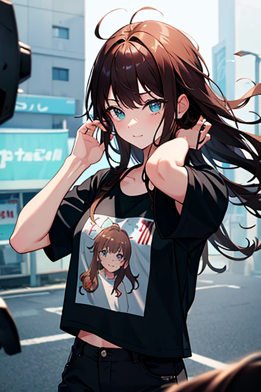 1girl, idol, photo, film, depth of field, skin texture, t-shirt, rubber band, wavy long hair, messy hair, anime, bangs