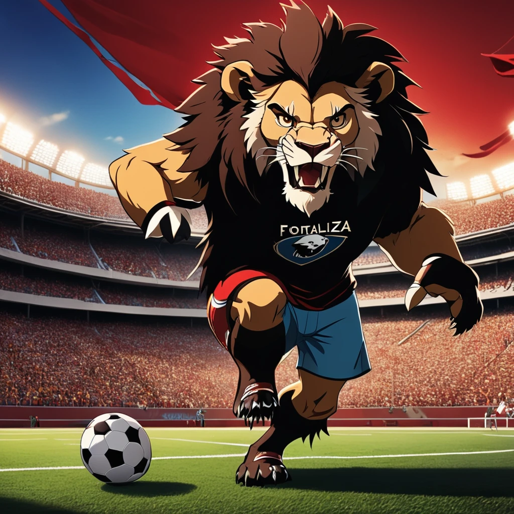 Banner for a film with the text "Fortaleza" (Disney pixar style), A large Lion intimidating a vulture, full body, wide shot, football mascot, a football mascot as a little vulture afraid, with t-shirt red and black afraid of the lion, football stadium in the background