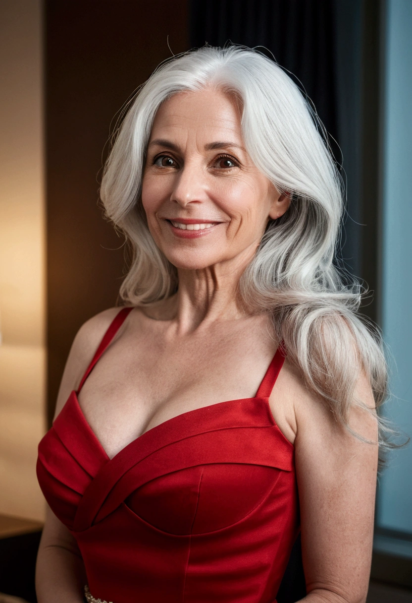 night, soft lights, old women Sixty years old, red lips, long-long white straight hair, hair on her eye, she smiling, posing on huge night balcony, sitiing on the chair, she weared red dress with black lace stockings, older beauty, jaw dropping mature older beauty, old face and body with wrinkles, old face, attractive grandma, a gorgeous old silver hair, beautiful old grandma, lovely older mature grandma, gorgeous beautiful grandma over 80 years old, beautiful silver hair grandma, beautiful detailed body and face, a beautiful old grany, huge breasts