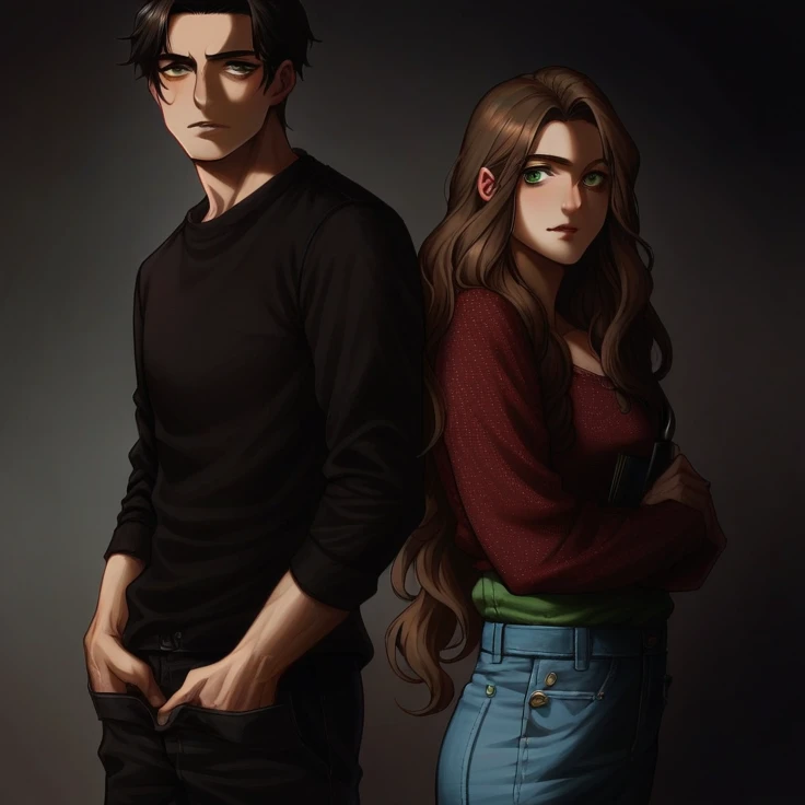 “Create a book cover featuring Hazel Hartmann and Ethan Beauchard. Hazel is a -yeld giwith long chocolate brown hair and almond-shaped amber eyes., wearing a classic and elegant school uniform. Ethan is an 18 year old young man, Cao Cao, with dark hair and striking green eyes, also wearing a fancy . Place them close to each other, with a visible tension between them, suggesting an intense connection. Ao fundo, include a full bookshelf, reflecting the academic and sophisticated environment. The design should capture the dynamics between the characters and the atmosphere of the story.”