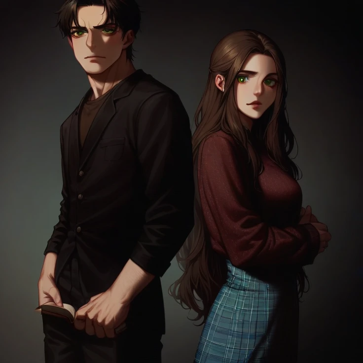 “Create a book cover featuring Hazel Hartmann and Ethan Beauchard. Hazel is a 17-year-old girl with long chocolate brown hair and almond-shaped amber eyes., wearing a classic and elegant school uniform. Ethan is an 18 year old young man, Cao Cao, with dark hair and striking green eyes, also wearing a fancy . Place them close to each other, with a visible tension between them, suggesting an intense connection. Ao fundo, include a full bookshelf, reflecting the academic and sophisticated environment. The design should capture the dynamics between the characters and the atmosphere of the story.”
