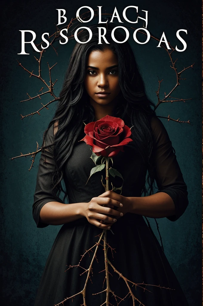 Book cover, that has one hand holding a black rose and that the roots with their thorns wrap the arm