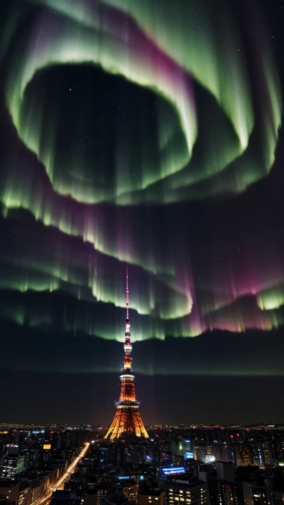 photorealistic , Christian Lassen's style , The sky is filled with dynamic, vibrant auroras , night scene of Tokyo Tower, shot by a drone in 2K quality using Starvis technology , The detailed and realistic cityscape sparkles with vivid lights, The sky is filled with dynamic, vibrant auroras, and a majestic, intricately detailed unicorn gracefully gallops through the air, adding a fantastical touch to the scene. The colors and contrast are enhanced to create a more vivid and beautiful image.