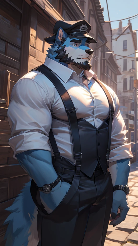 ((best quality)), ((masterpiece)), (Ultra detailed), ((4k)), solo , Furry, anthro, Sky Blue Fur ,Wearing Black Cap , Middle Ages , Shirt, 1boy , White shirt , Big Pecs , male focus , collared shirt , pants , suspenders , pectorals , sleeves rolled up, Black Coat , wristwatch , beard