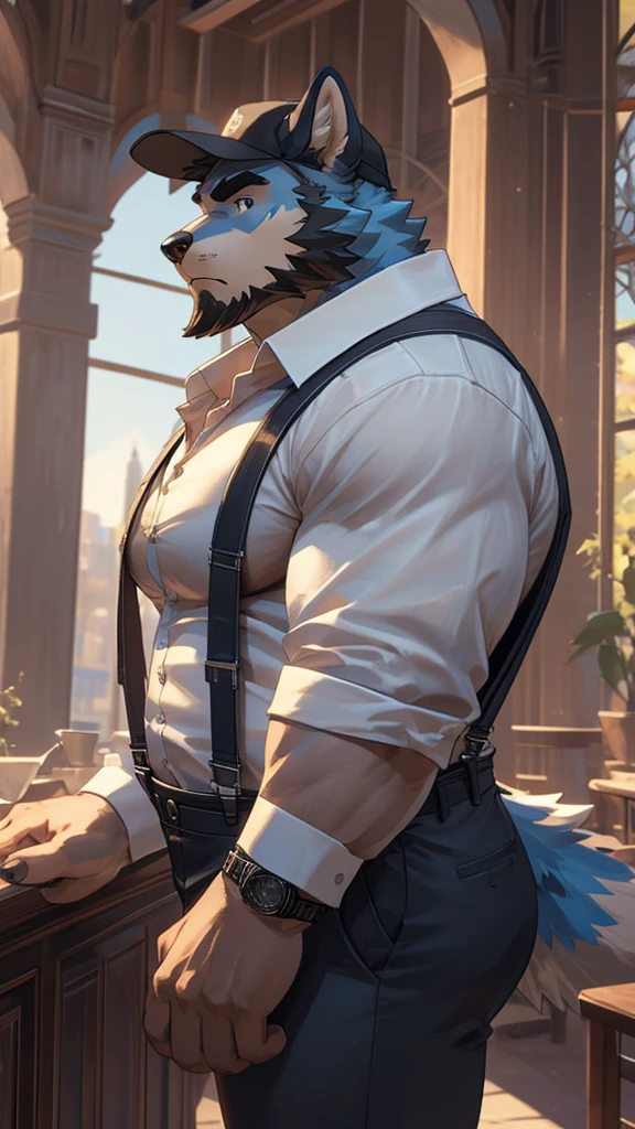 ((best quality)), ((masterpiece)), (Ultra detailed), ((4k)), solo , Furry, anthro, Sky Blue Fur ,Wearing Black Cap , Middle Ages , Shirt, 1boy , White shirt , Big Pecs , male focus , collared shirt , pants , suspenders , pectorals , sleeves rolled up, Black Coat , wristwatch , beard