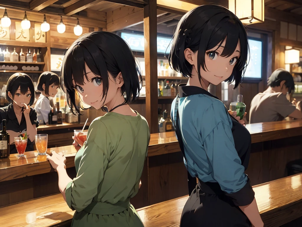 There is one person，Mature Japanese Woman，40 years old，Black Hair，short hair，Light green dress，Have a cocktail，Cocktail: Blue Hawaii，Western-style bar，Retro Bar，Narrow bar，Dark Bar，There are no other customeridnight，quiet night，Wooden bar counter，A half-smoked cigarette on the counter，Back view，look back，smile