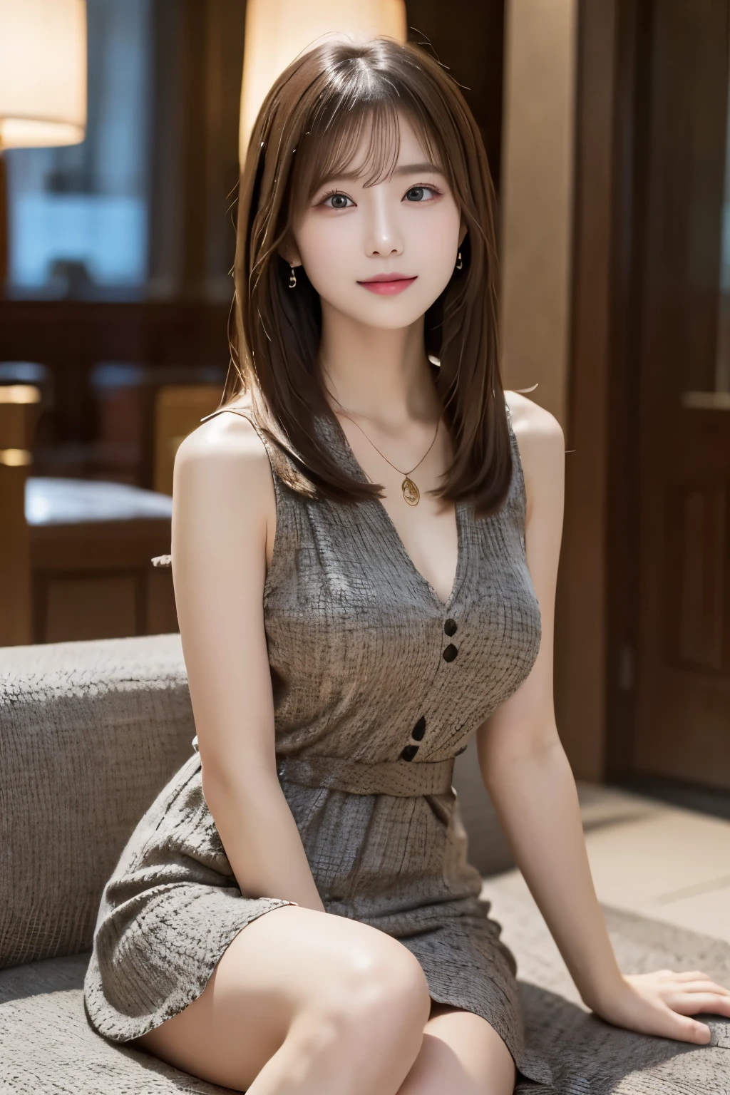 sfw、japanese01、((8ｋ))、 Best quality images、 (((Luxury hotel lobby))）,Chic dress, Sitting with good posture、（Looking at the audience）,, Straight Long Hair、Light Brown Hair,japaneese、28 years old、necklace、Professional Lighting、High-definition hair、((I can see your knees))、Looking down a little、Chin tucked、Enter、jpgirlEnter2、jpgirlEnter3.0、Saito、japanese01