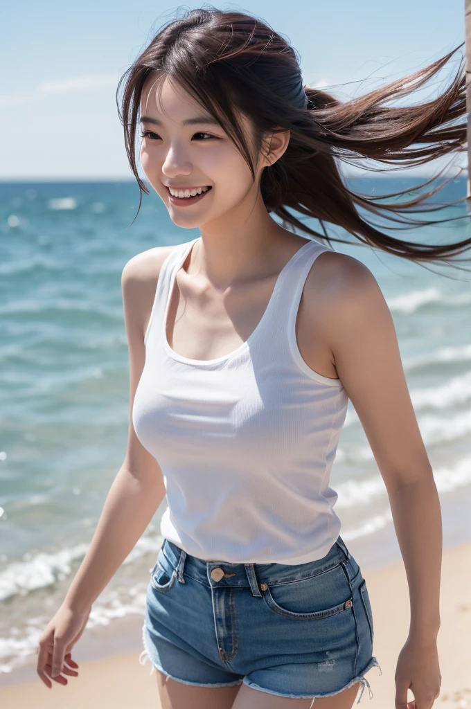 (8k, RAW photo, best quality, masterpiece:1.2), (realistic, photo-realistic:1.4), (extremely detailed 8k wallpaper), Japanese 20 age woman, She is wearing a white tank top and jean shorts,The background is the sea,her hair is blowing in the wind,she is smiling,ponytail,she is walking on the beach