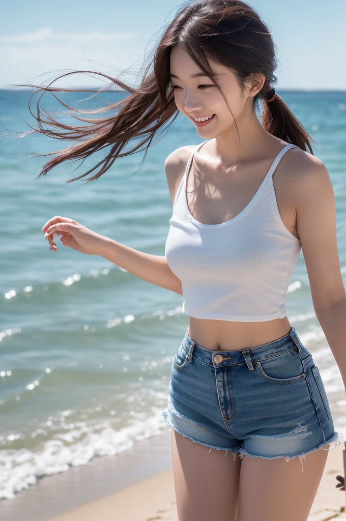 (8k, RAW photo, best quality, masterpiece:1.2), (realistic, photo-realistic:1.4), (extremely detailed 8k wallpaper), Japanese 20 age woman, She is wearing a white tank top and jean shorts,The background is the sea,her hair is blowing in the wind,she is smiling,ponytail,she is walking on the beach