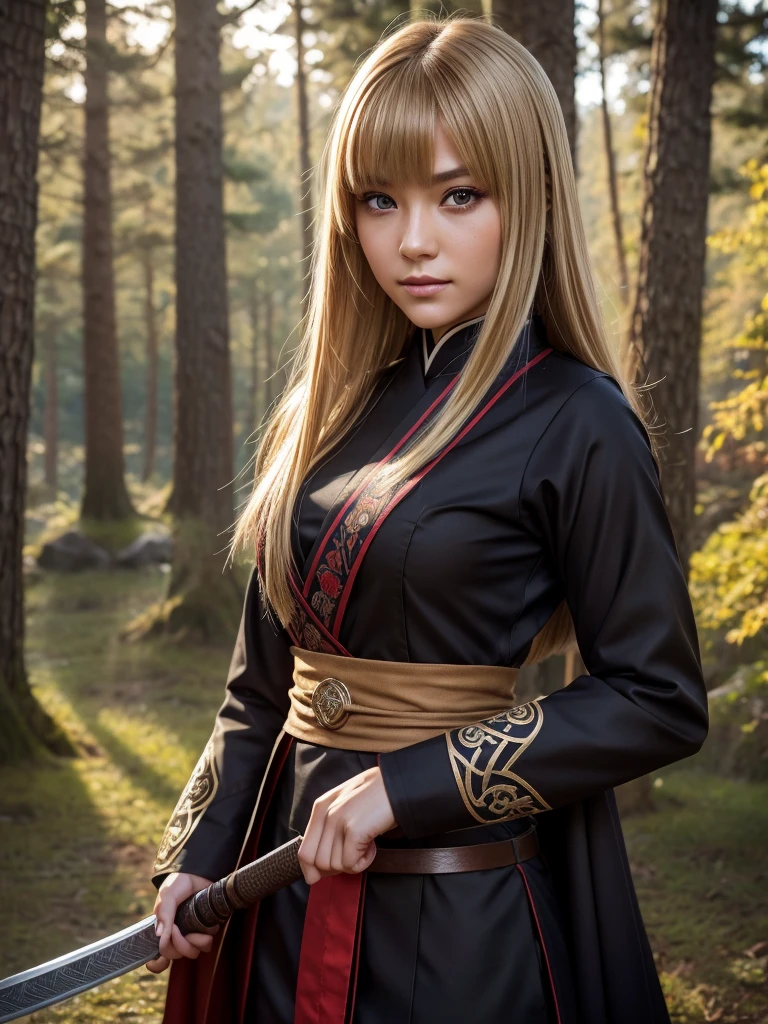 A beautiful young woman with short light brown-blonde hair and a mix of blonde and brown eyes, wearing the standard Demon Slayer Corps uniform. She has a red haori with a pattern on it, and a large plus-shaped scar in the middle of her forehead, with bangs covering it. She has an elegant and kind expression, embodying the Demon Slayer art style. The woman is standing in a peaceful, daytime forest, holding a katana sword. She shines like a diamond, radiating an ethereal beauty. (best quality,4k,8k,highres,masterpiece:1.2),ultra-detailed,(realistic,photorealistic,photo-realistic:1.37),1girl,beautiful detailed eyes,beautiful detailed lips,extremely detailed eyes and face,longeyelashes,demon slayer uniform,red haori,plus-shaped scar,forest,katana sword,elegant,kind,demon slayer art style,shining,diamond-like,anime,demon slayer art style,smile