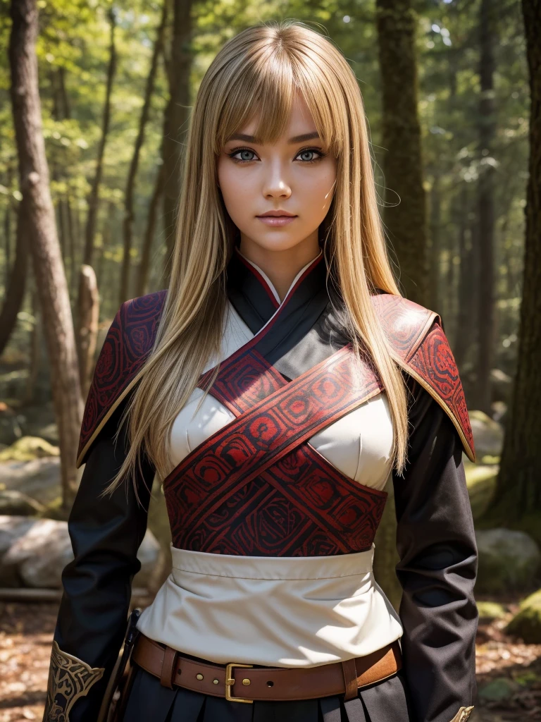 A beautiful young woman with short light brown-blonde hair and a mix of blonde and brown eyes, wearing the standard Demon Slayer Corps uniform. She has a red haori with a pattern on it, and a large plus-shaped scar in the middle of her forehead, with bangs covering it. She has an elegant and kind expression, embodying the Demon Slayer art style. The woman is standing in a peaceful, daytime forest, holding a katana sword. She shines like a diamond, radiating an ethereal beauty. (best quality,4k,8k,highres,masterpiece:1.2),ultra-detailed,(realistic,photorealistic,photo-realistic:1.37),1girl,beautiful detailed eyes,beautiful detailed lips,extremely detailed eyes and face,longeyelashes,demon slayer uniform,red haori,plus-shaped scar,forest,katana sword,elegant,kind,demon slayer art style,shining,diamond-like,anime,demon slayer art style,smile