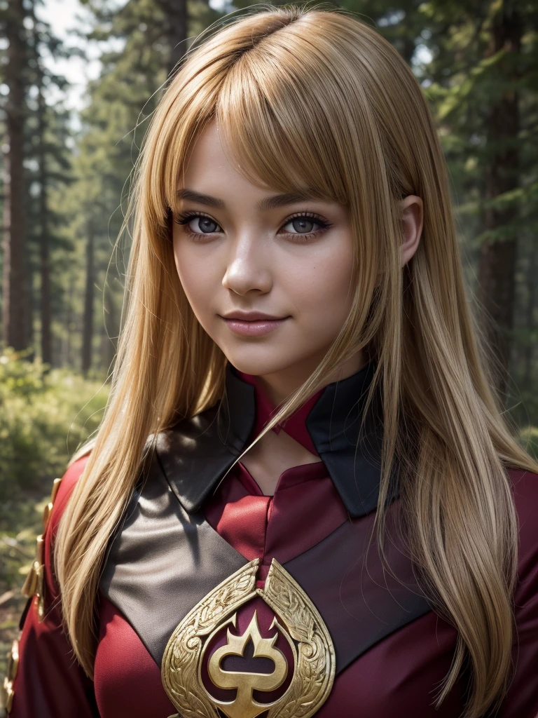 A beautiful young woman with short light brown-blonde hair and a mix of blonde and brown eyes, wearing the standard Demon Slayer Corps uniform. She has a red haori with a pattern on it, and a large plus-shaped scar in the middle of her forehead, with bangs covering it. She has an elegant and kind expression, embodying the Demon Slayer art style. The woman is standing in a peaceful, daytime forest, holding a katana sword. She shines like a diamond, radiating an ethereal beauty. (best quality,4k,8k,highres,masterpiece:1.2),ultra-detailed,(realistic,photorealistic,photo-realistic:1.37),1girl,beautiful detailed eyes,beautiful detailed lips,extremely detailed eyes and face,longeyelashes,demon slayer uniform,red haori,plus-shaped scar,forest,katana sword,elegant,kind,demon slayer art style,shining,diamond-like,anime,demon slayer art style,smile
