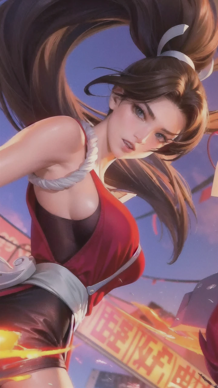 ((medium breast, tomboy girls, small head)), daylight, sunlight, (chiseled abs : 1.1), (perfect body : 1.1), (short wavy hair : 1.2) , auburn hair, collar, chain, full body shot, crowded street, wearing black tanktop, jeans jacket, ((shorts)), (extremely detailed CG 8k wallpaper), (an extremely delicate and beautiful), (masterpiece), (best quality:1.0), (ultra highres:1.0),  beautiful lighting ,perfect lightning, realistic shadows, [highres], detailed skin, ultra-detailed 