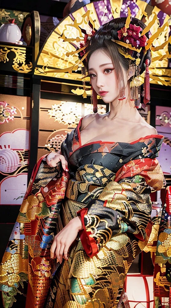 8K Ultra HD, Digital SLR,Film Grain, Fujifilm XT3,(Highest quality:1.3), (masterpiece:1.1), High resolution, Cinematic Light, Intricate details, (Realistic) (Night view) Realistic backlight、Dramatic reddish light、Beautiful Japanese Geisha full body photo, ((Facial texture Pore details)), Grin、Devilish smile, Simple messy hairstyle, She wears a black satin kimono decorated with traditional dragon motifs.., Open shoulders, Colorful dragon tattoos all over the body, Has a long blade, Long-bladed Japan sword in hand,Inside a traditional villa, 8K, Front blur