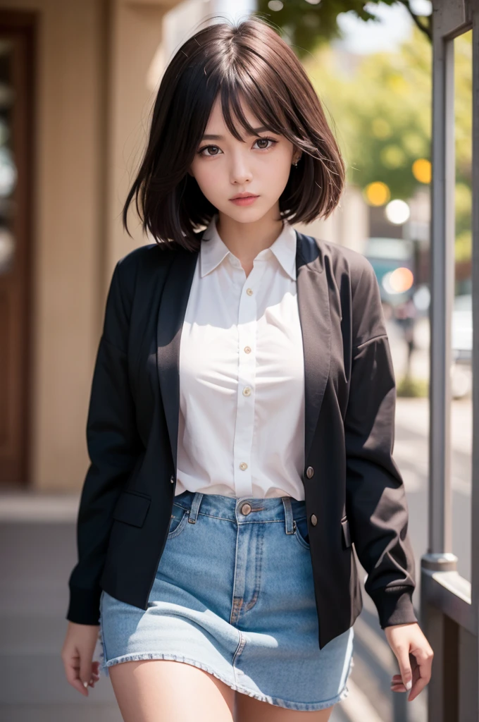 One girl, Exquisite detail, masterpiece, Highest quality, Very detailed,Cinema Lighting, Beautiful sparkle, Beautifully detailed face and eyes, 8K, Dark intense shadows, Yellow Eyes, Medium Hair, Black Hair, bangs, Floating Hair, Black jacket, Open jacket, White shirt, Expressionless, Yellow tie, Black Skirt, Spotlight, sunlight, sunrise, Gradient Sky, city, Lens flare, Cowboy Shot, [[Curvy]], [Mature Woman]
