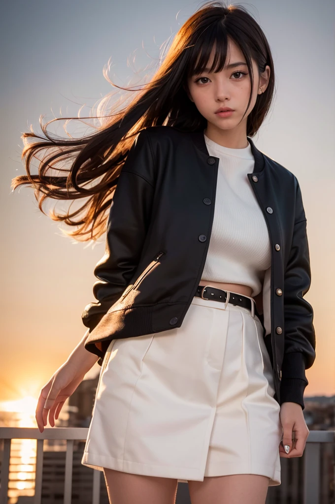 One girl, Exquisite detail, masterpiece, Highest quality, Very detailed,Cinema Lighting, Beautiful sparkle, Beautifully detailed face and eyes, 8K, Dark intense shadows, Yellow Eyes, Medium Hair, Black Hair, bangs, Floating Hair, Black jacket, Open jacket, White shirt, Expressionless, Yellow tie, Black Skirt, Spotlight, sunlight, sunrise, Gradient Sky, city, Lens flare, Cowboy Shot, [[Curvy]], [Mature Woman]