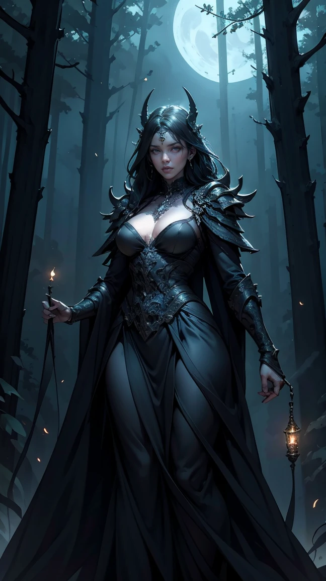 A woman in a black dress holding a lantern in a forest (best quality, highres, 4k, realistic:1.37), dark and mysterious forest with a gloomy atmosphere, detailed trees and foliage, dimly lit by moonlight, eerie shadows, dense fog, ancient and twisted tree trunks, mystical figures lurking in the shadows, hauntingly beautiful moonlight filtering through the branches, ethereal glow, mystical creatures, otherworldly atmosphere