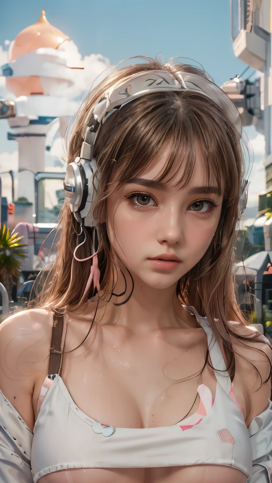 masterpiece, Highest quality, Very detailed, 8K, RAW Photos, Realistic, One Girl, alone, Rim Light, Very detailed face, (Contrasting:1.1), Shoot from the front, (head shot:1.6), Upper Body, smile, Amazingly cute young Russian girl, Droopy eyes, pale pink plump lips, Light brown straight medium hair、With bangs, Light brown thin eyebrows, Oily skin, Wet Skin, Wearing an ivory and pink cyberpunk style bikini and jacket, Put on some high-tech headphones, Medium Chest, Cyberpunk City Residential Area, thunderclouds in the sky, Midsummer