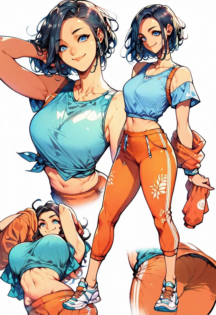Score_9, Score_8_up, Score_7_up, 1 girl, black hair, blue eyes, curvy figure, smile, blue tank top, orange yoga pants, belly button, big bust, sneakers, standing, simple background, White background,