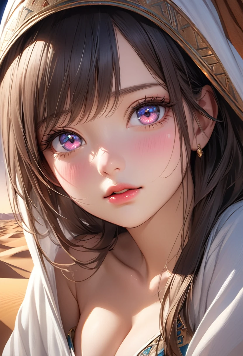 fantasic illustration, masterpiece: 1.2, highest quality, highres, 16k, beautiful detailed, ultra-realistic, photo realistic: 1.37, beautiful cute princess, in a camel caravan:1.2, in the moonlit desert:1.2, through bangs, growing eyes, shining pupils, blushed cheek, shiny rosy lips, wearing white robe, delicate beautiful (hair, face, eyes, pupils, long eyelash, desert), middle-breasts, arabian nights world view,