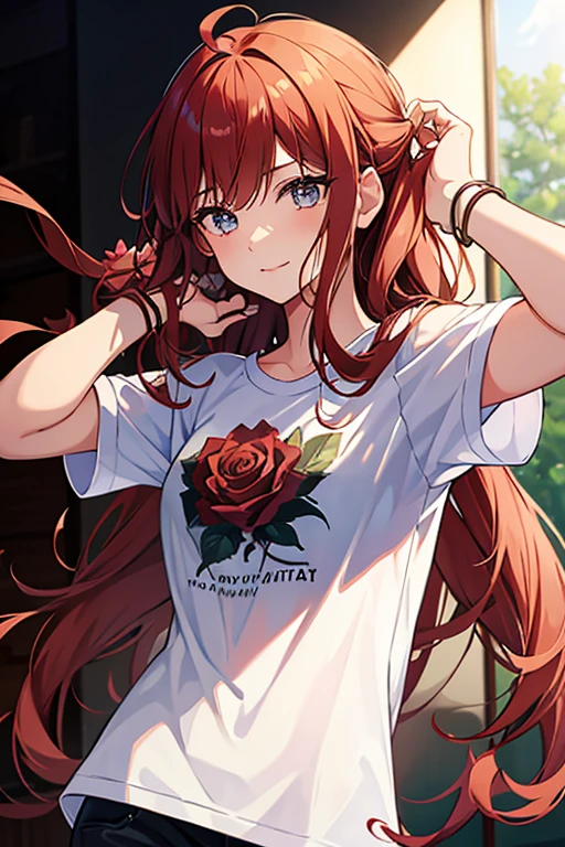 1girl, idol, photo, film, depth of field, skin texture, t-shirt, rubber band, wavy hair, long hair, messy hair, anime, bangs holding a rose, shy