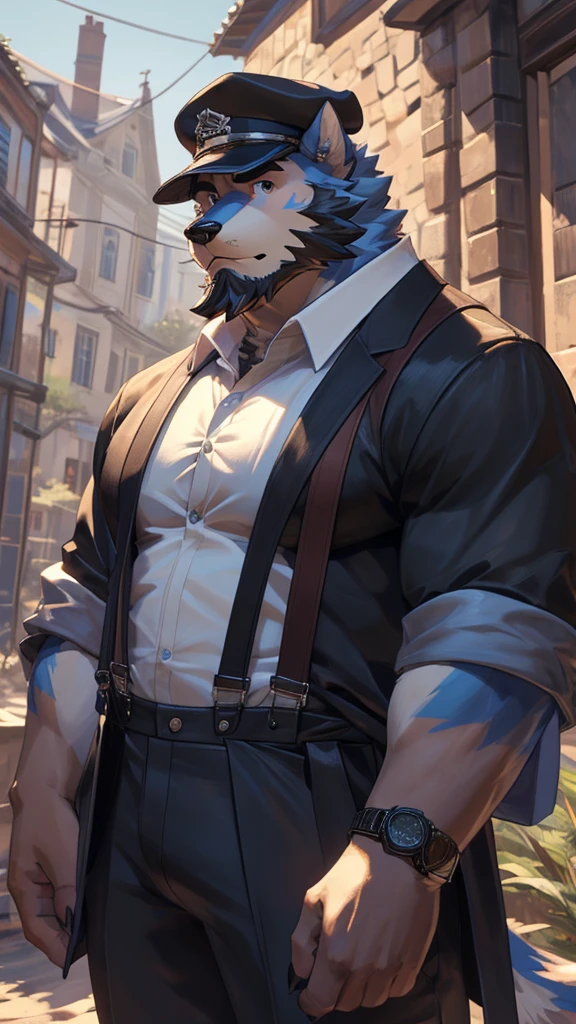 ((best quality)), ((masterpiece)), (Ultra detailed), ((4k)), solo , Furry, anthro, Sky Blue Fur ,Wearing Black Cap , Middle Ages , Shirt, 1boy , White shirt , Big Pecs , collared shirt , pants , suspenders , pectorals , sleeves rolled up, Black Coat , wristwatch , beard