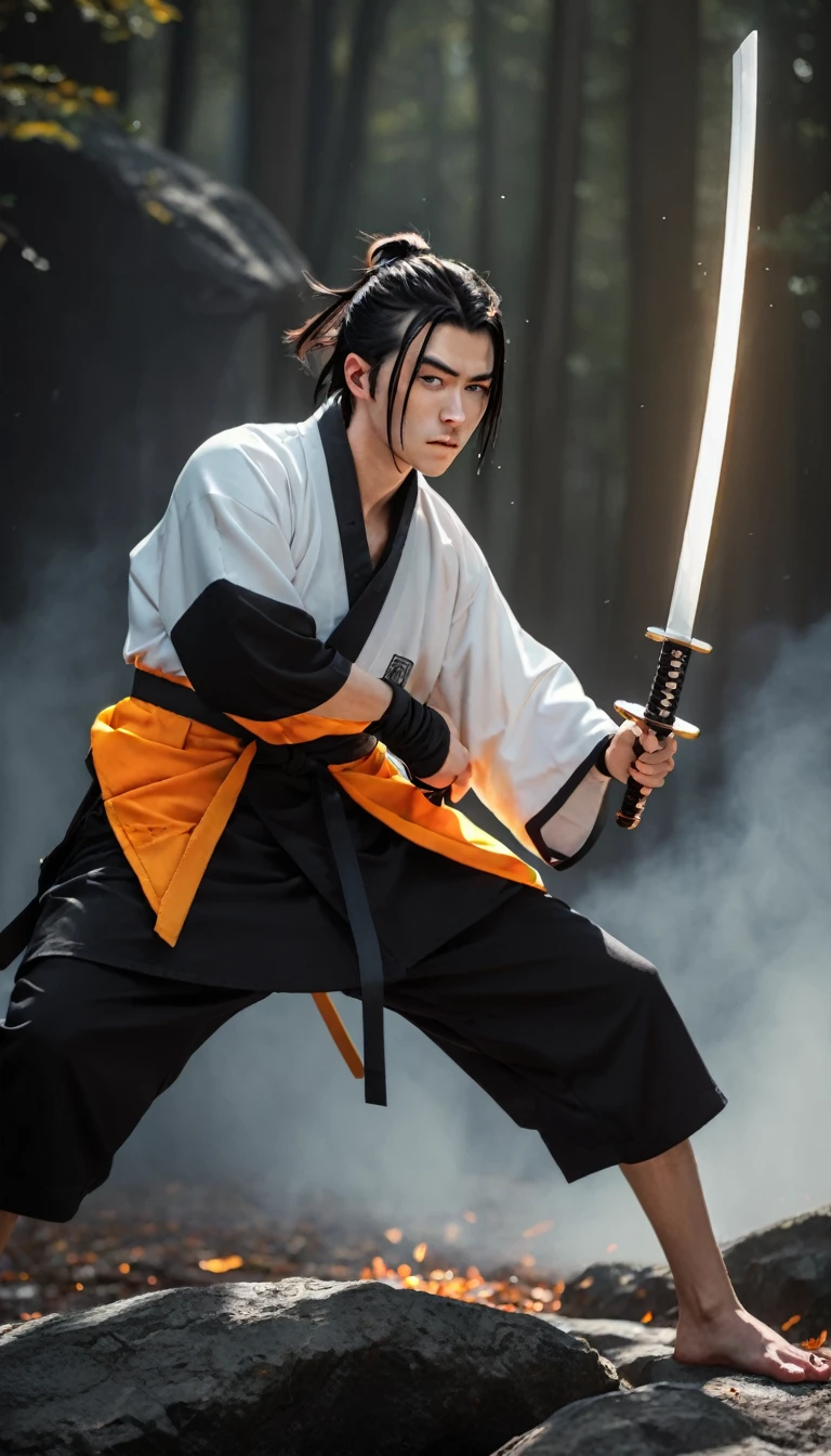 The image showcases live action Zenitsu, a swordsman from Demon Slayer (Kimetsu No Yaiba) manga, wielding a long katana. The character's clothings are his signature white-triangle-patterned yellow-and-orange gradient haori over a dark brown gakuran jacket, a white belt around his waist, and hakama pants. He emanates a fiery, golden aura. The background is filled with sparks and embers,suggesting a scene of intense battle or conflict.,a cute girl,Porta 160 color,shot on ARRI ALEXA 65,bokeh,sharp focus on subject,highest details,photorealistic,high background details,fog,high face details,8k,raytracing,blunt bangs,(black hair:0.3),