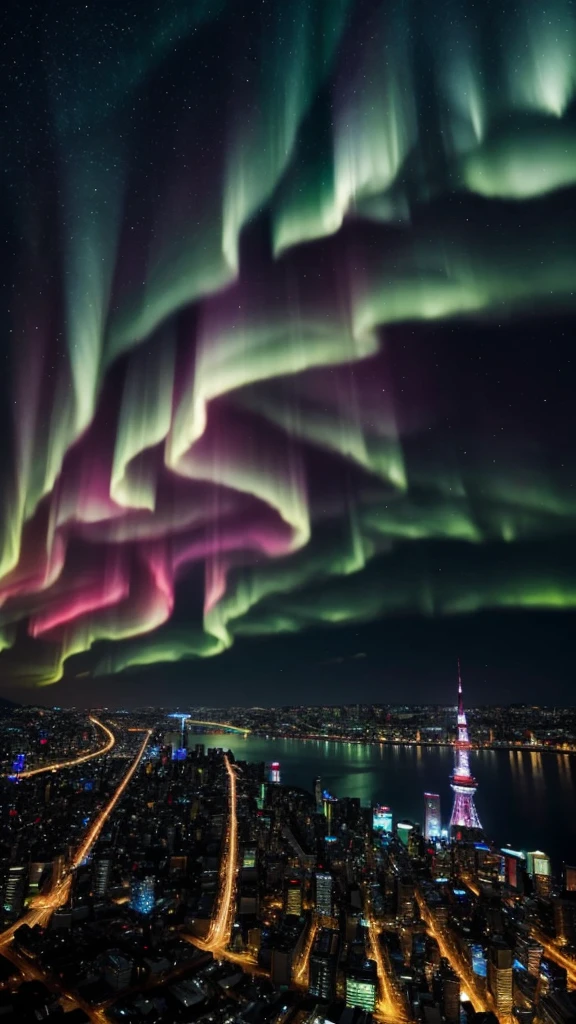 photorealistic , Christian Lassen's style , The sky is filled with dynamic, vibrant auroras , night scene of Tokyo Tower, shot by a drone in 2K quality using Starvis technology , The detailed and realistic cityscape sparkles with vivid lights, The sky is filled with dynamic, vibrant auroras, and a majestic, intricately detailed (unicorn) gracefully gallops through the air, adding a fantastical touch to the scene. The colors and contrast are enhanced to create a more vivid and beautiful image.
