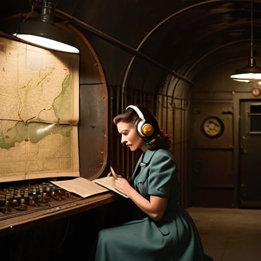 40s,The underground used a telegraph machine to send messages in a dark tunnel,Female spy wearing headphones,underground combat headquarters,Old map hanging on the wall,
