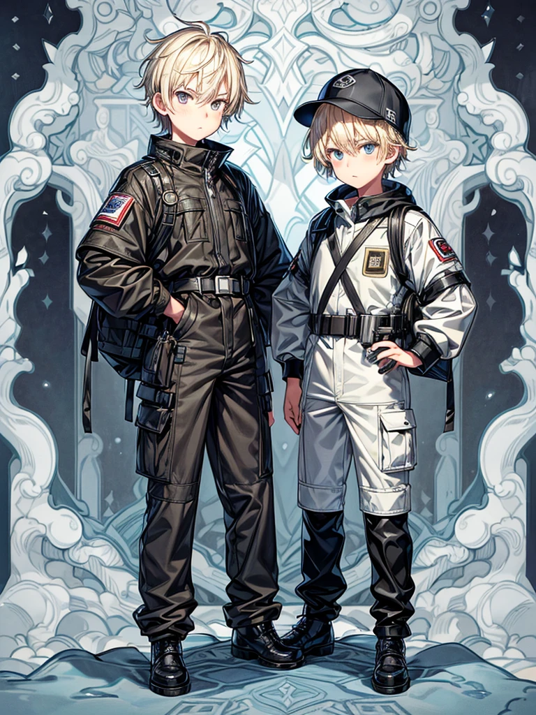 They are -yeld botwin blondes with silver eyes. One has an energetic and curious expression, dressed in rugged survival attire. Another one appears more serious and focused, also dressed in practical survival gear with a pragmatic touch. it has to be full body 