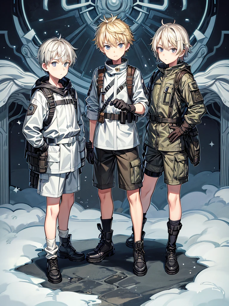 They are -yeld botwin blondes with silver eyes. One has an energetic and curious expression, dressed in rugged survival attire. Another one appears more serious and focused, also dressed in practical survival gear with a pragmatic touch. it has to be full body 