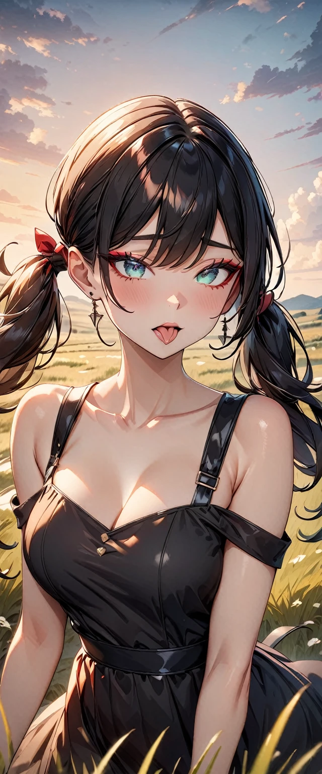 Photo of a woman with natural skin, grassland, Upper Body, Ahegao, Sticking out tongue, High Twintails, Black hair with red mesh, Sharp eyes with red eyeshadow, Blue-green eyes, Shining eyes, A thin, upturned nose, Well-shaped lips, ((Black off-the-shoulder dress, Thin shoulder straps)), barefoot, Makeup, Exquisitely crafted with the utmost attention to detail, Vibrant, amazing, Smooth, Cinematic, 4K, Backlight, ((綺麗な星空が見える広いgrassland)), Shallow depth of field, ((Detailed eyes:1.3, Detailed lips:1.3, high quality, )), masterpiece, Super detailed images, High quality